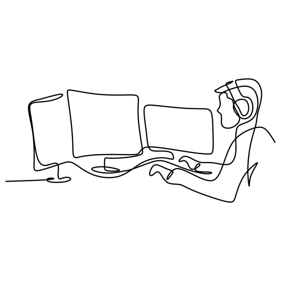 un giovane uomo con auricolare guardando il computer del monitor. disegno continuo di una linea di un giocatore che gioca con il monitor del computer, le cuffie, il mouse e la tastiera. concetto di gioco online di sparring vettore