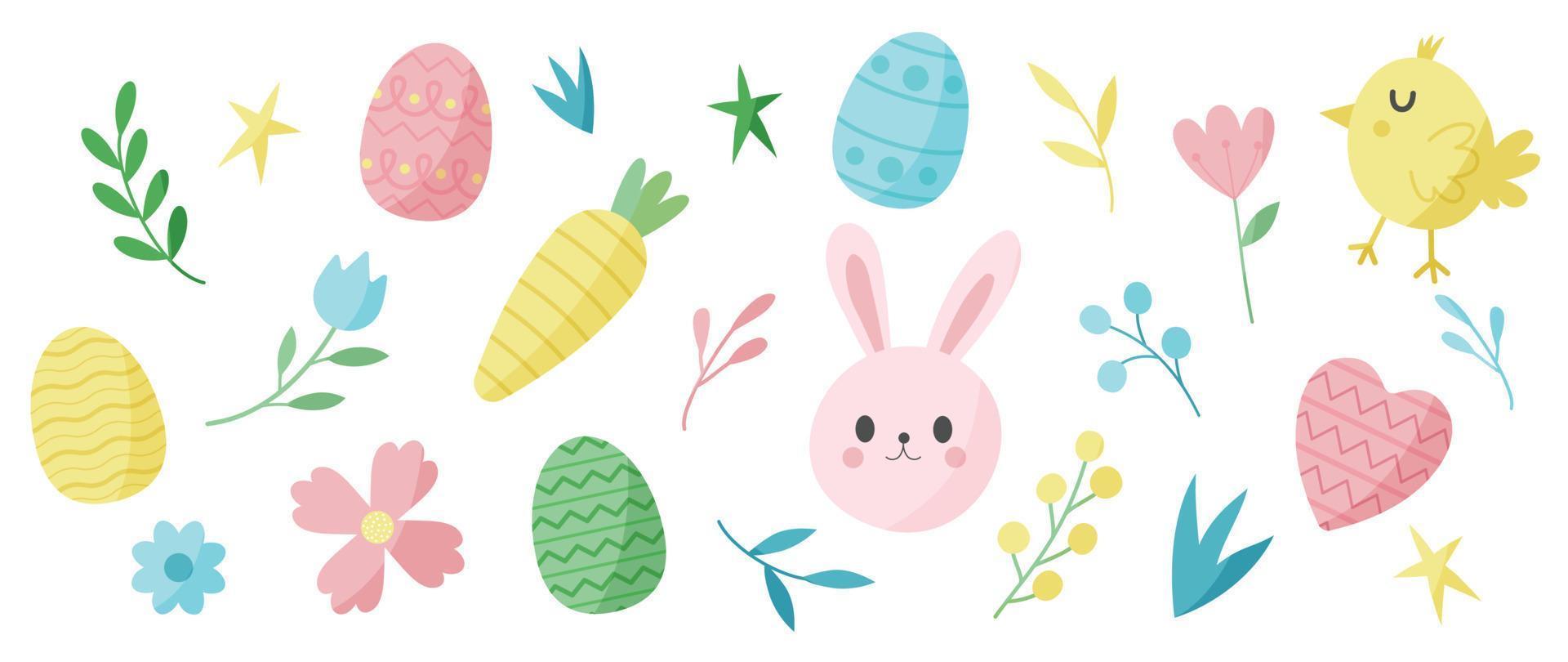 contento Pasqua comico elemento vettore impostare. carino mano disegnato coniglio, pulcino, Pasqua uovo, cuore, primavera fiori, foglia, carota, stella. collezione di scarabocchio animale e adorabile design per decorativo, carta, bambini.