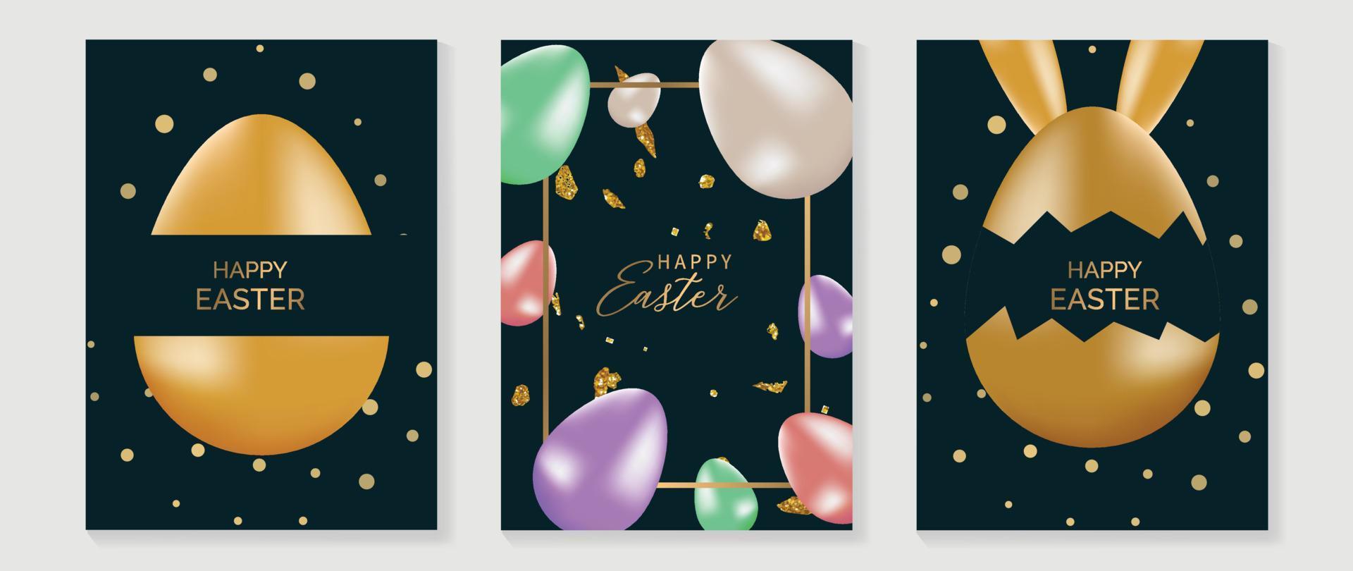 contento Pasqua lusso elemento copertina vettore impostare. elegante 3d brillante colorato Pasqua uova con Foglio coriandoli struttura e piazza oro telaio. adorabile affascinante design per decorativo, carta, bambini, manifesto.