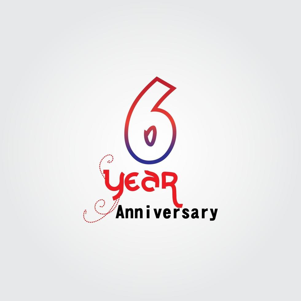 Logotipo di celebrazione dell'anniversario di 6 anni. logo dell'anniversario con colore rosso e blu isolato su sfondo grigio, disegno vettoriale per celebrazione, carta di invito e biglietto di auguri