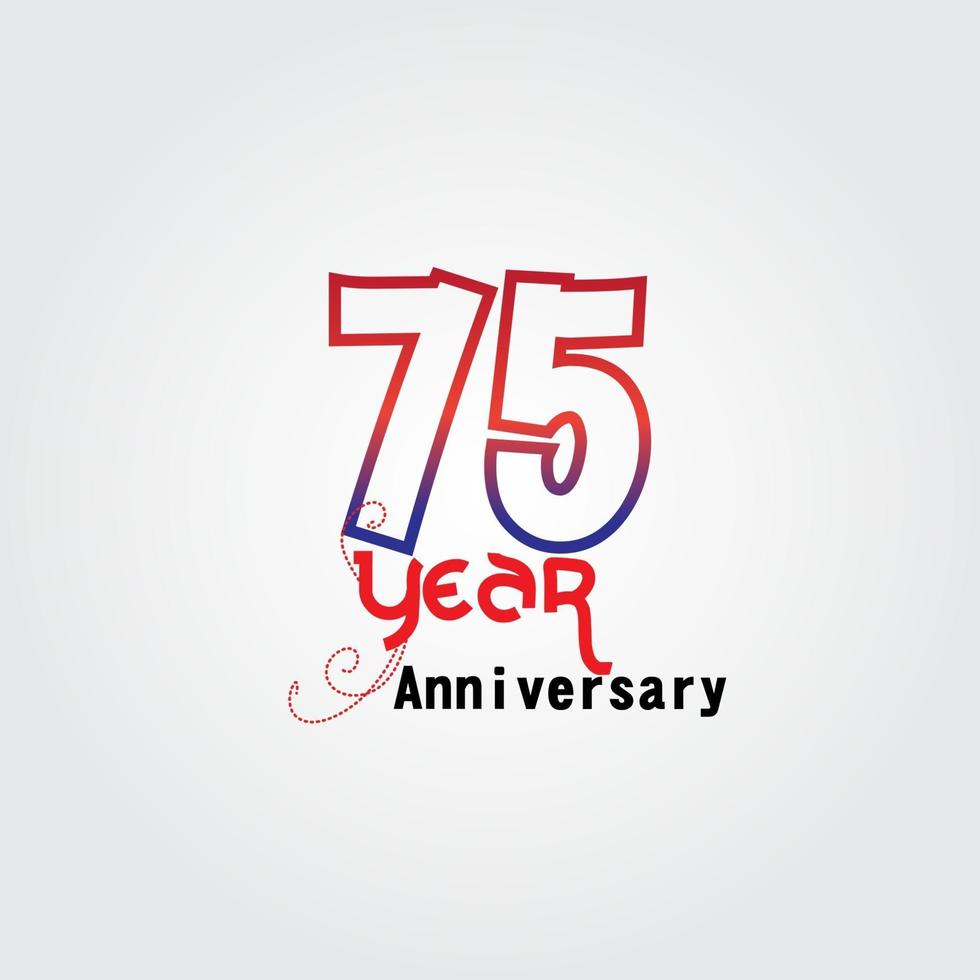 Logotipo di celebrazione dell'anniversario di 75 anni. logo dell'anniversario con colore rosso e blu isolato su sfondo grigio, disegno vettoriale per celebrazione, carta di invito e biglietto di auguri