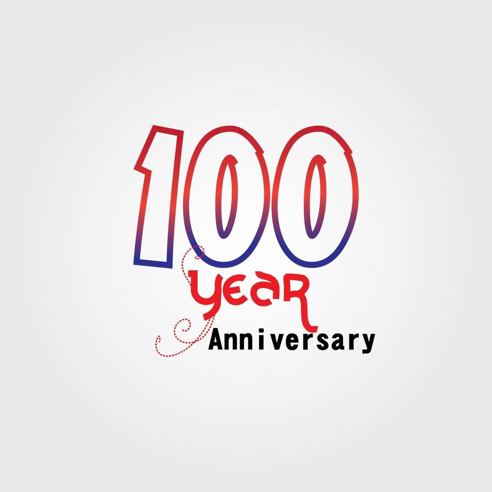 Logotipo di celebrazione dell'anniversario di 100 anni. logo dell'anniversario con colore rosso e blu isolato su sfondo grigio, disegno vettoriale per celebrazione, carta di invito e biglietto di auguri