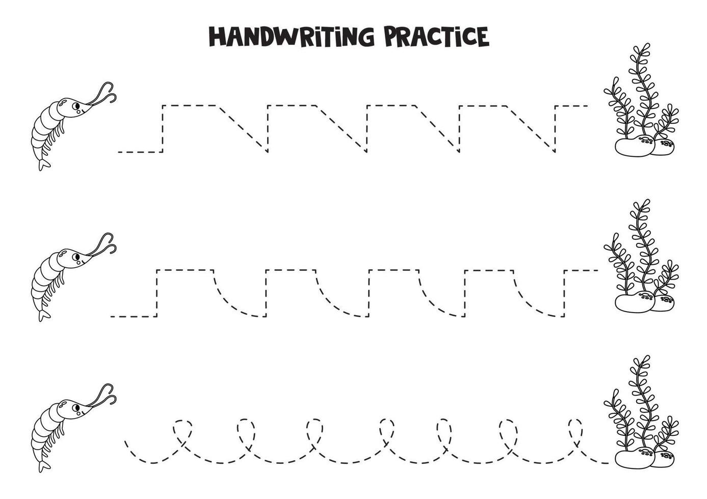 tracciato Linee per bambini. carino gamberetto e alga marina. scrittura la pratica. vettore