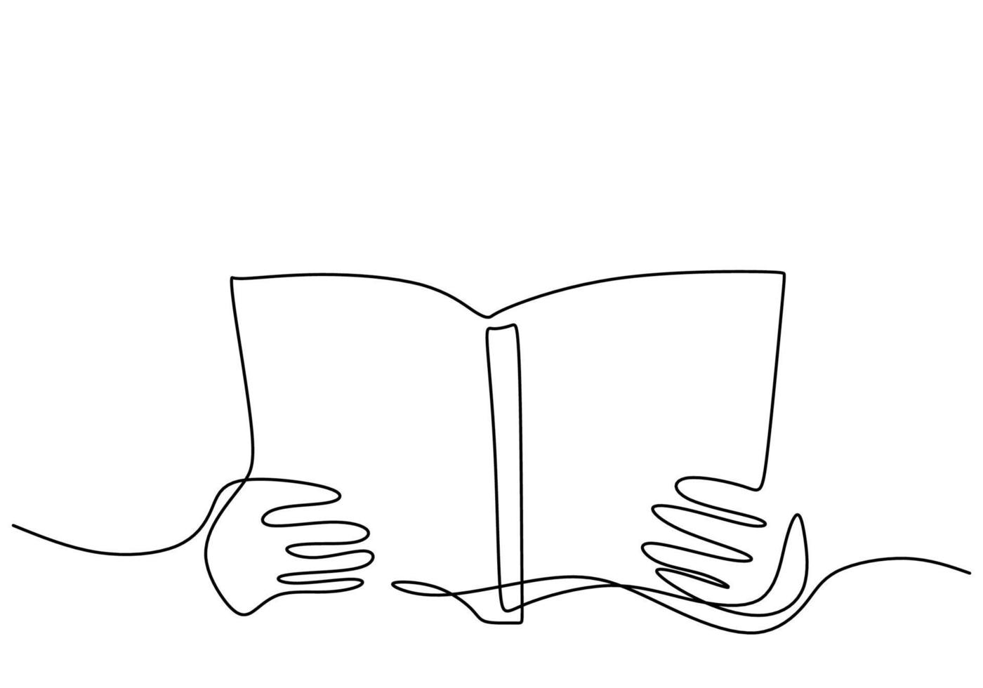 continuo un disegno a tratteggio della mano che tiene un libro. mano della gente che tiene il libro aperto con pagine vuote mockup vista in prima persona immagine isolata contorno disegnato a mano su sfondo bianco. stile minimalista vettore