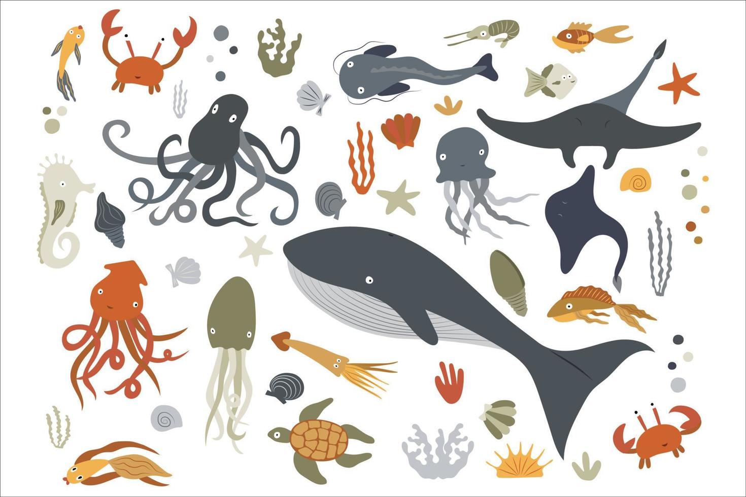 impostato di marino animali e acquatico impianti. cartone animato mare vita vettore illustrazione isolato su bianca sfondo