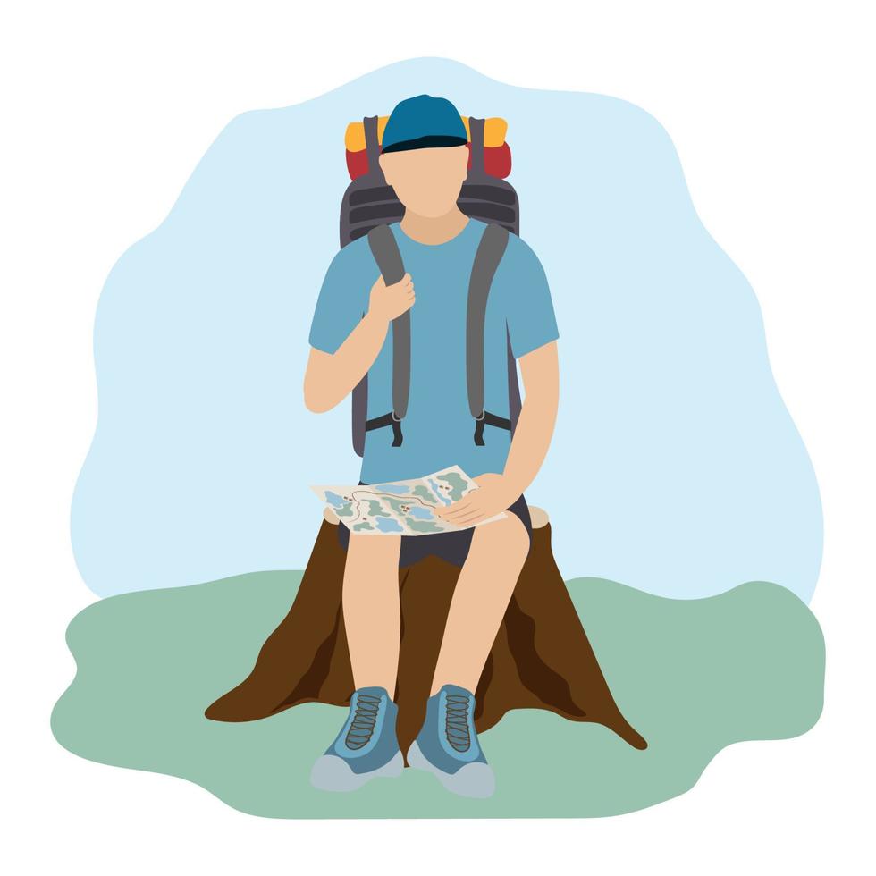 turista uomo riposo su un' ceppo con un' carta geografica e un' grande zaino. attivo stile di vita vettore cartone animato