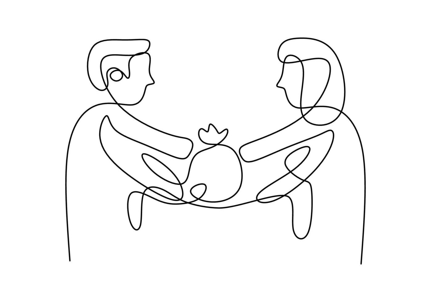 disegno a tratteggio continuo delle mani che danno un regalo. la mano della donna dà un pacco per ringraziare la mano dell'uomo isolato su priorità bassa bianca. concetto di ringraziamento. stile minimalista. illustrazione vettoriale