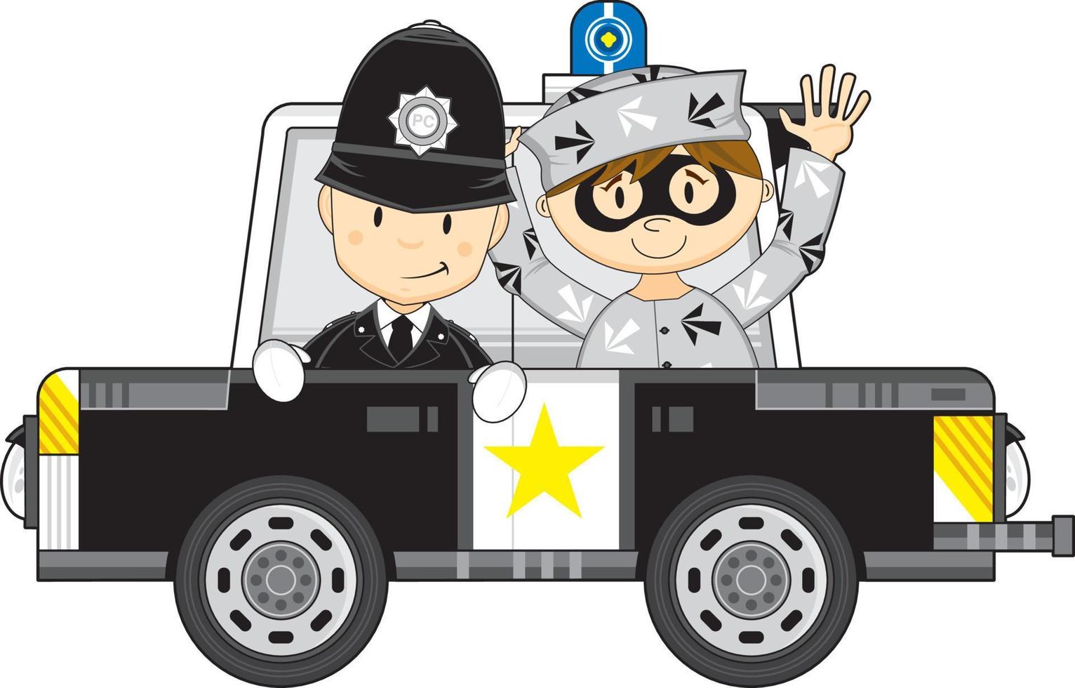 carino cartone animato poliziotto con rapinatore nel polizia auto vettore