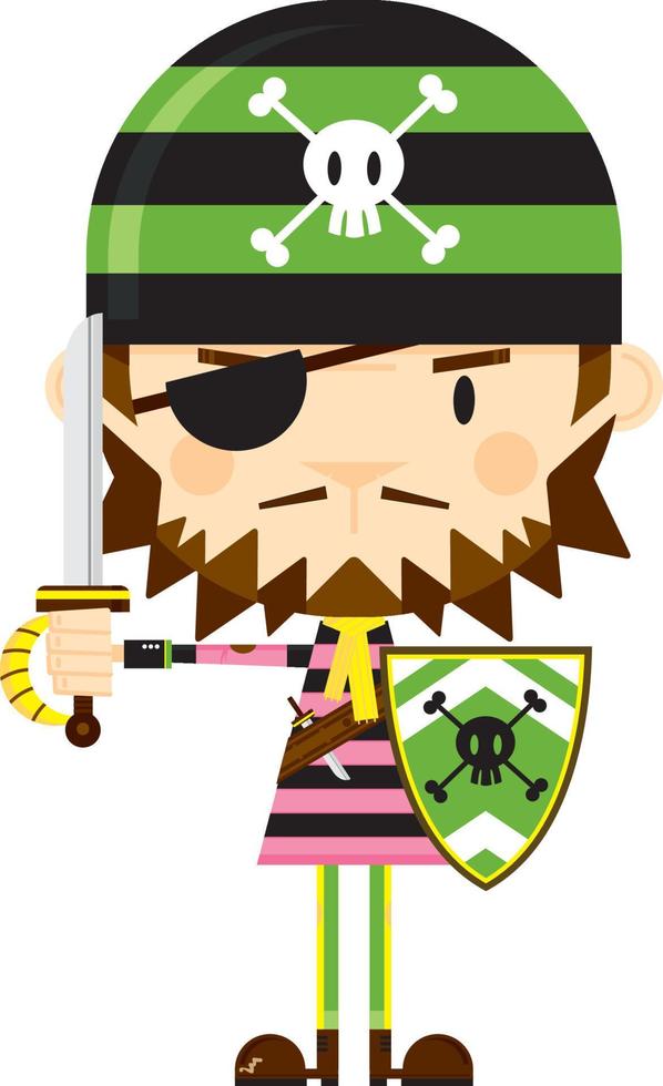 cartone animato spavaldo pirata con spada e scudo vettore