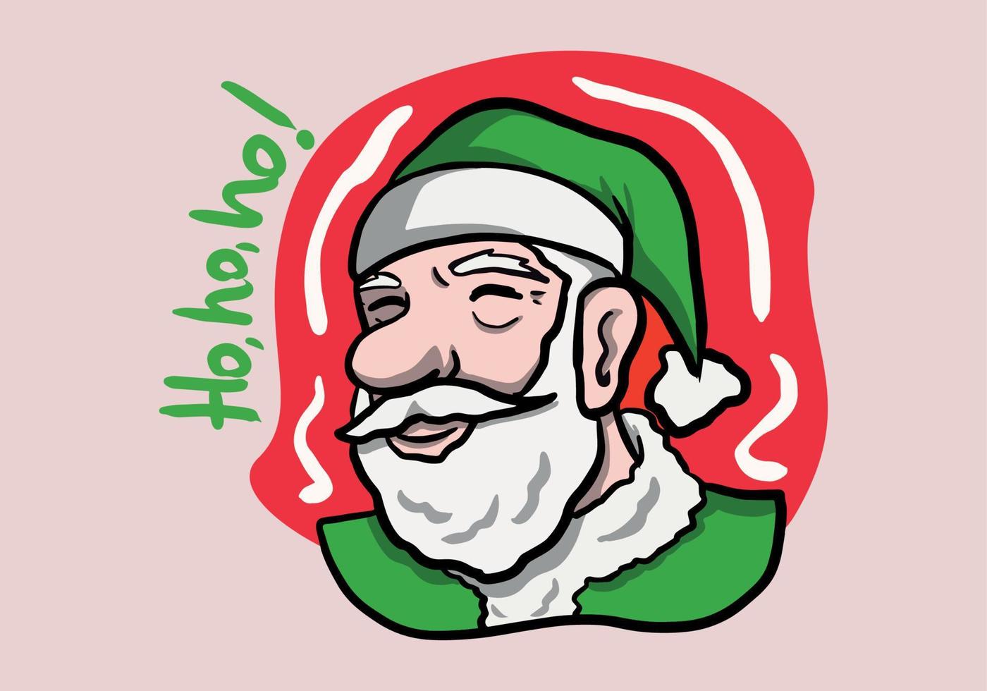 mano disegno di Santa clausola nel cartone animato stile con ho ho ho mano disegnato testo. Santa con verde costume. vettore