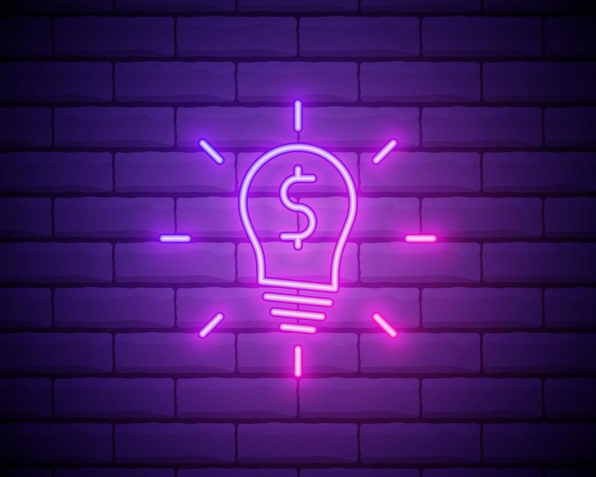 lampadina al neon incandescente con icona simbolo del dollaro isolato su priorità bassa del muro di mattoni. idee per fare soldi. concetto di innovazione fintech. illustrazione vettoriale