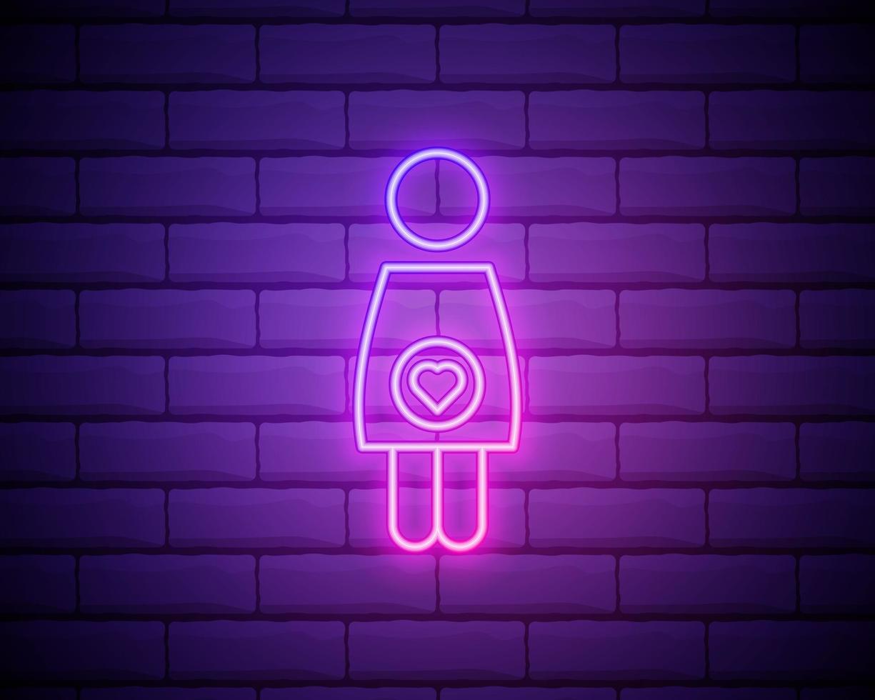 insegna al neon della donna incinta. simbolo luminoso luminoso su uno sfondo di muro di mattoni. icona di stile al neon. vettore