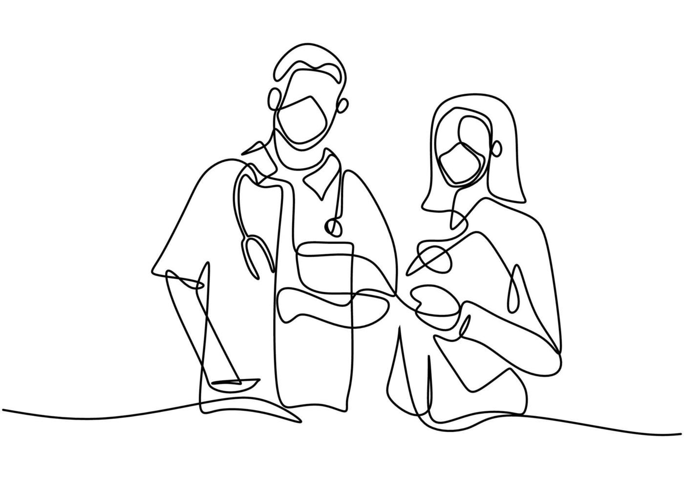 un unico disegno a tratteggio di medico professionista e infermiere in maschera facciale in piedi in posa insieme. lavoro di squadra medico per contro il coronavirus isolato su sfondo bianco. stile minimalista. vettore
