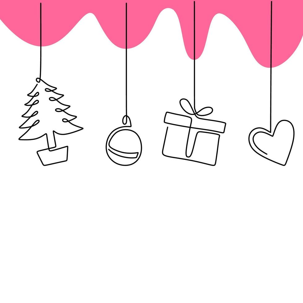 un disegno a tratteggio albero di natale, confezione regalo, calza, stella, amore, decorazione palla isolato o sfondo bianco stile minimalista. simboli del natale. decorazione della cartolina d'auguri di festa vettore