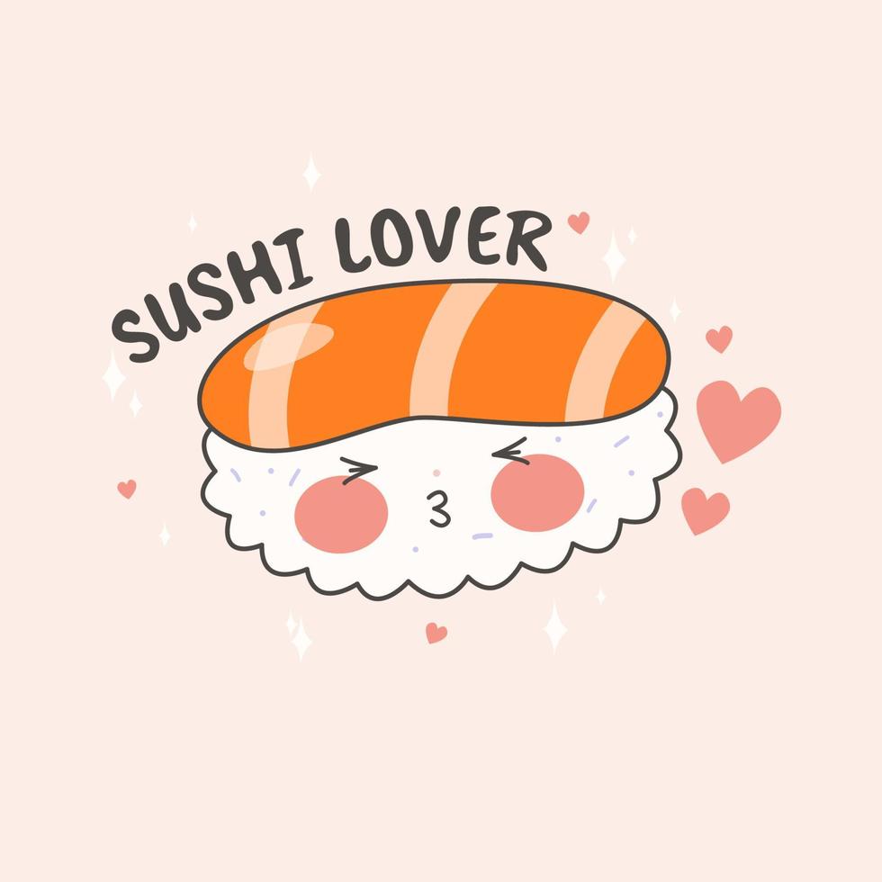 carino Sushi impostato con sorridente viso e rosa guance. Sushi amante. kawaii rotoli. giapponese tradizionale cucina piatti. azione vettore illustrazione.