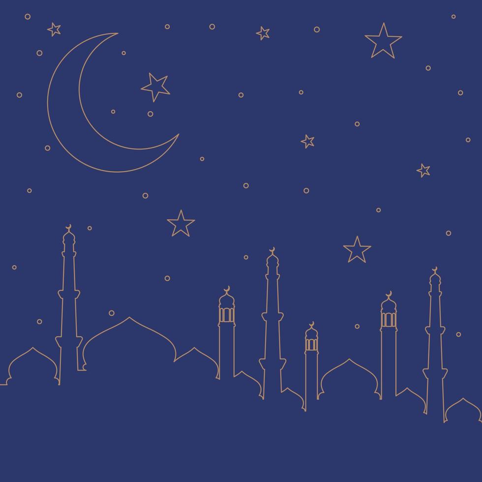 minimalista islamico sfondo. lusso oro schema islamico moschea e cielo pieno di stelle con grande mezzaluna Luna. Perfetto per saluto carte, manifesti, e sociale media messaggi vettore