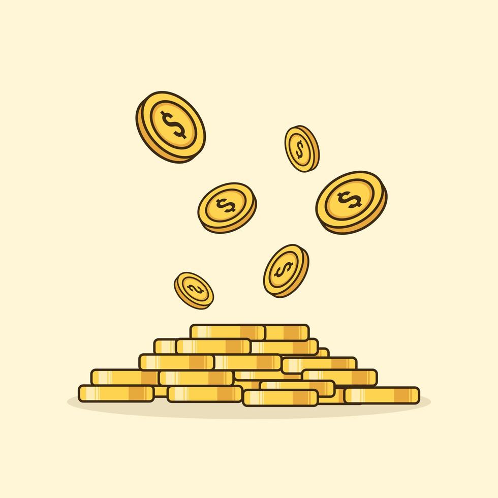 oro dollaro moneta pila cartone animato piatto vettore icona illustrazione. volante d'oro monete 3d cartone animato stile attività commerciale e finanza oggetto concetto isolato vettore.