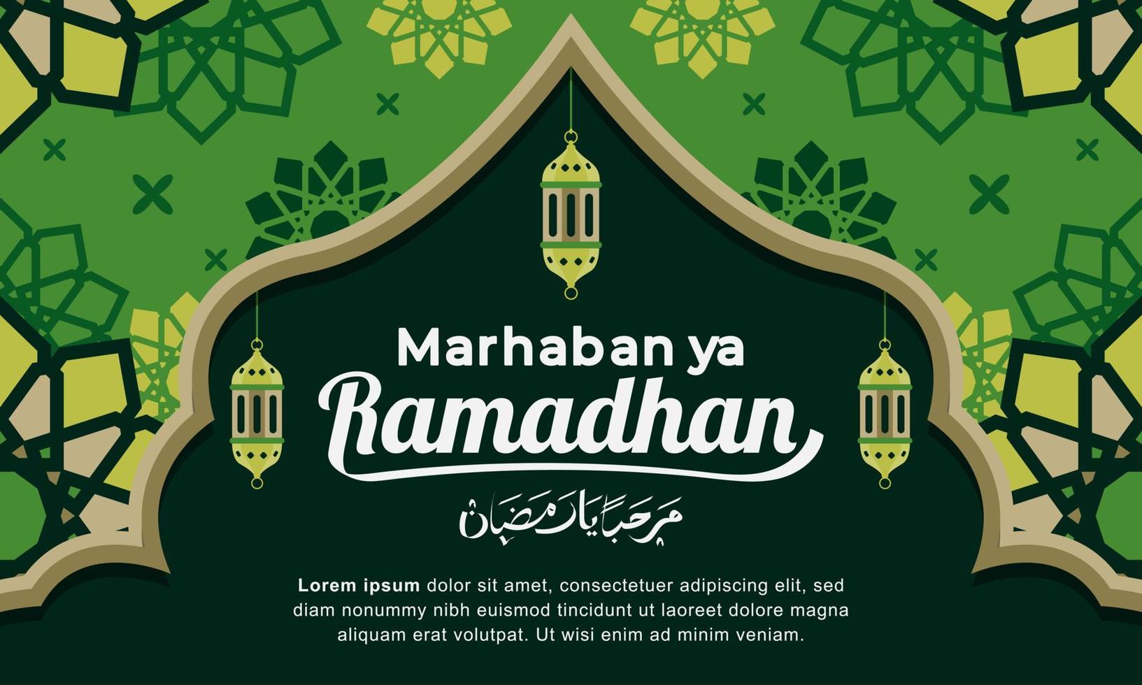 piatto cartone animato islamico bandiera design saluto marhaban ya Ramadhan vettore