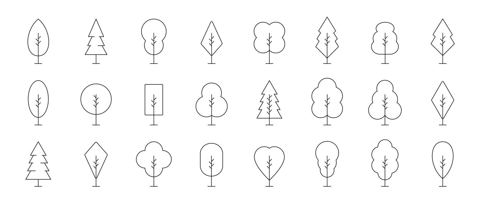 impostato di alberi lineare vettore icona. geometrico albero forma, impianti, pino, natura e ecologia relazionato vettore simbolo mano disegnato contorno collezione. linea arte illustrazione design per logo, etichetta, marchio.