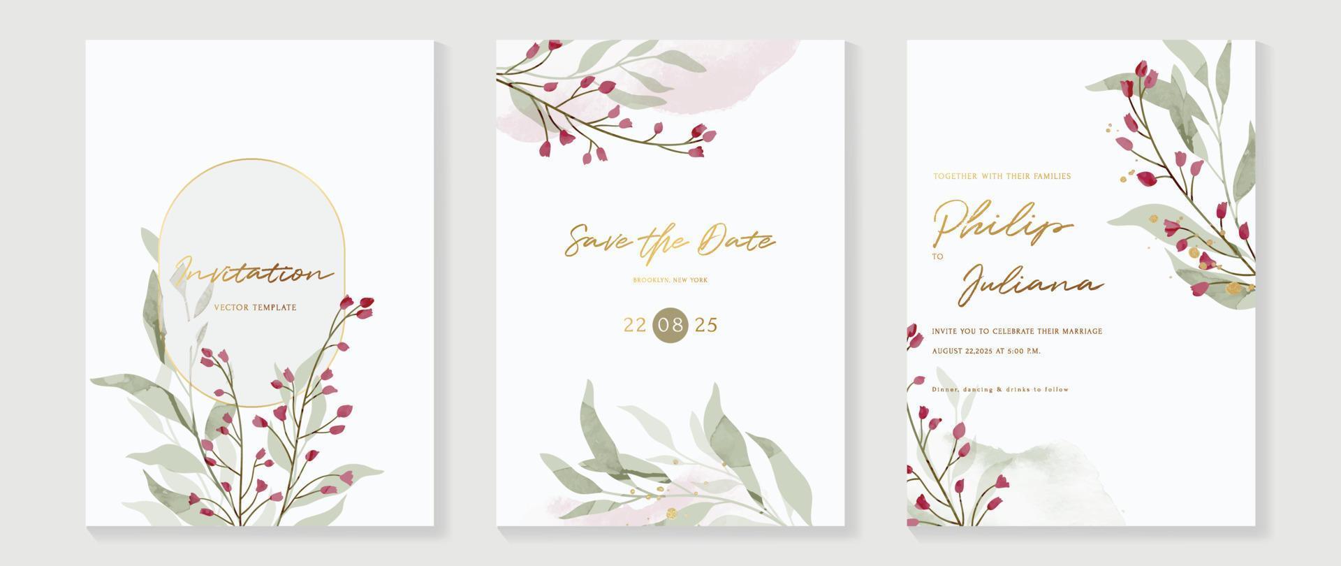 lusso nozze invito carta sfondo vettore. elegante acquerello botanico fiori selvatici, foglia ramo e oro telaio struttura modello. design illustrazione per nozze e vip copertina modello, striscione. vettore