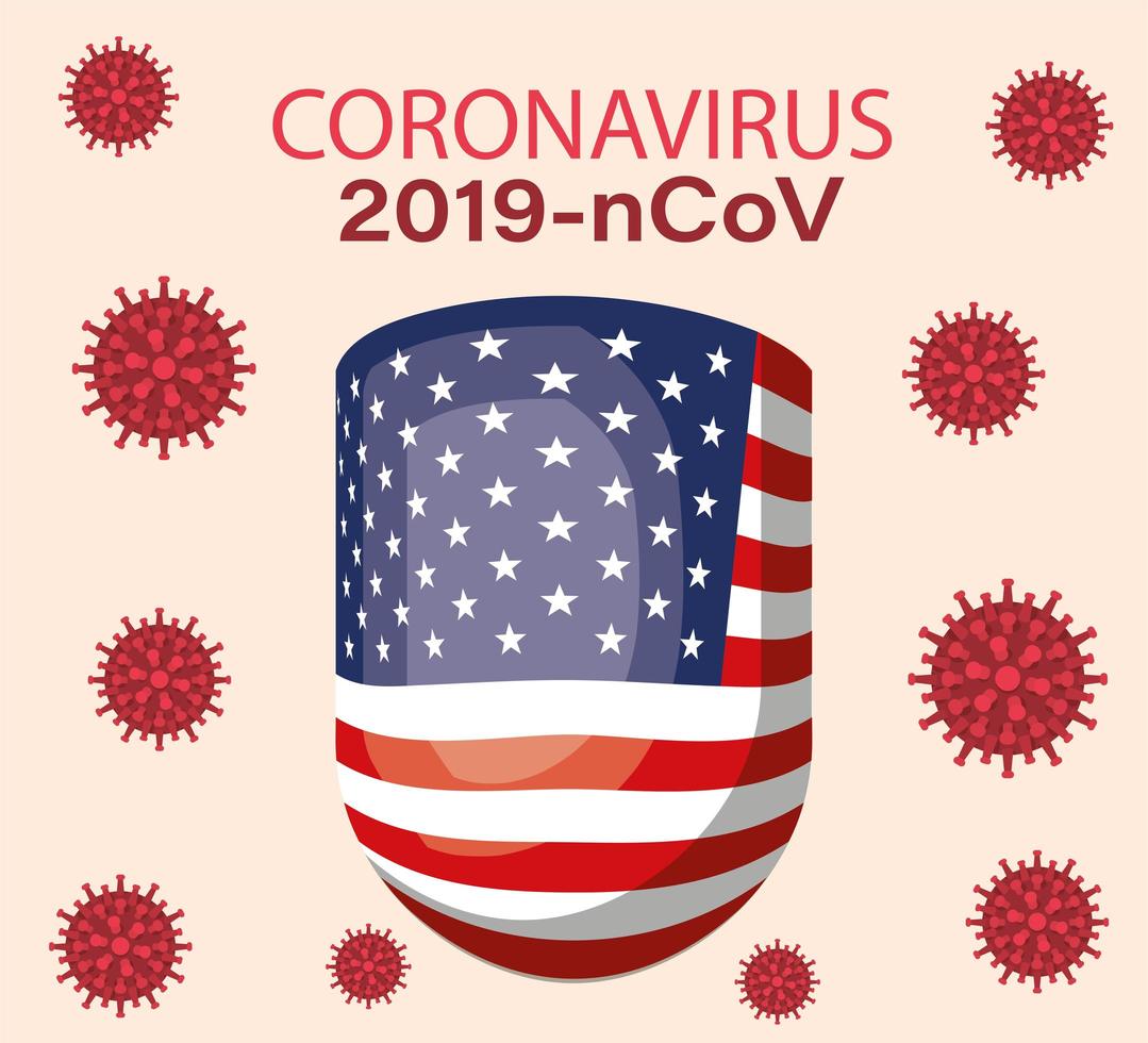 banner di coronavirus con disegno vettoriale scudo bandiera usa