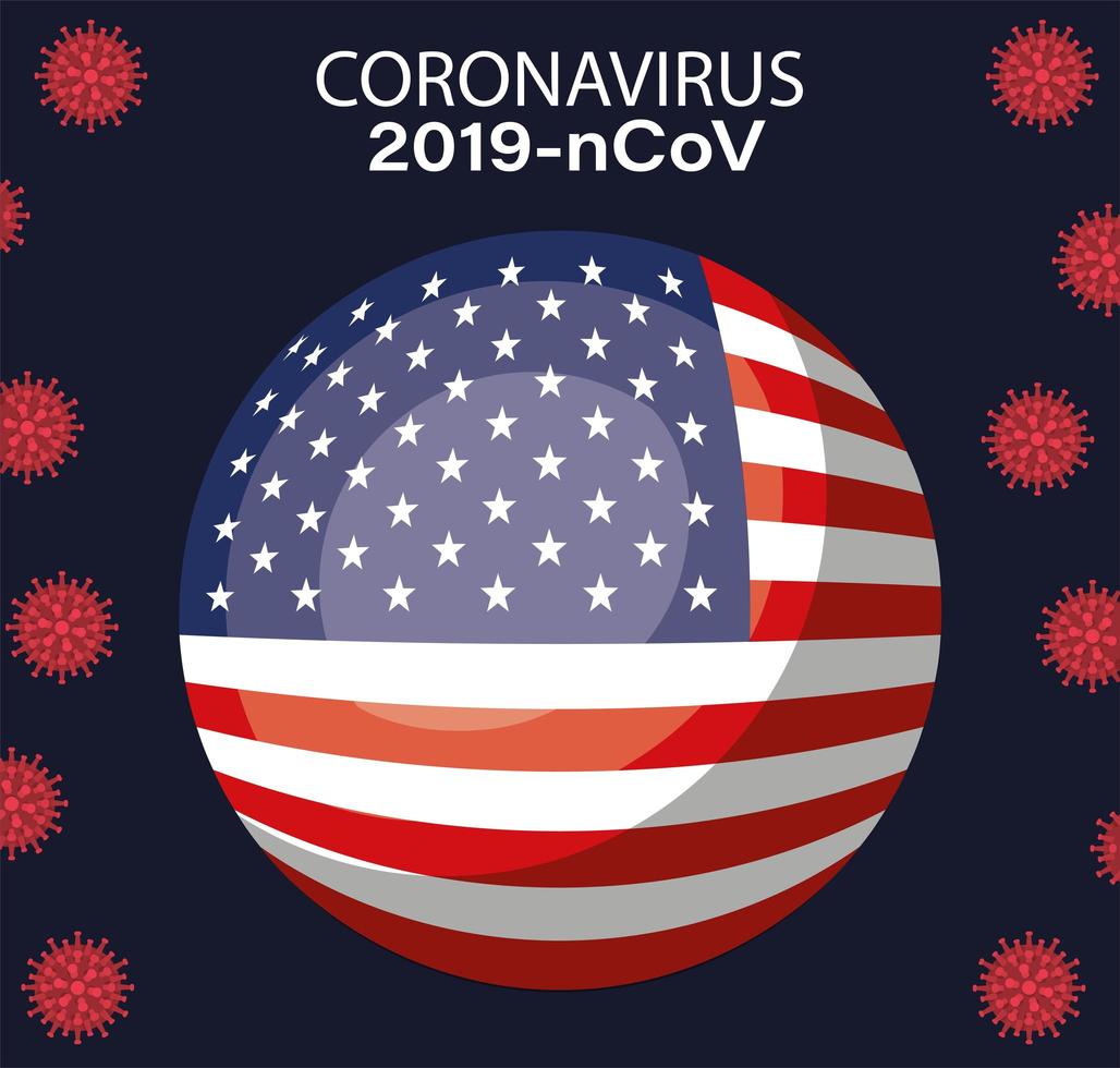 banner di coronavirus con disegno vettoriale pulsante bandiera usa