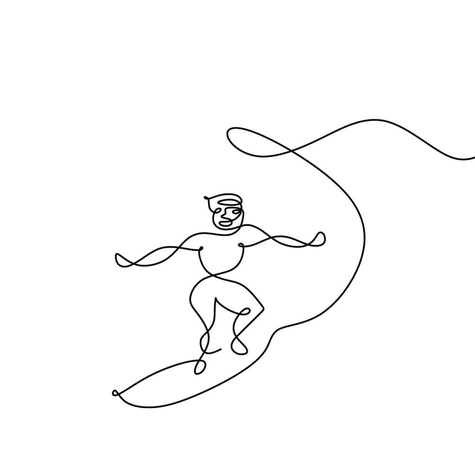 unico disegno di linea continua di giovane surfista professionista in azione cavalcando le onde sull'oceano blu. concetto di sport acquatici estremi. vacanze estive. vettore