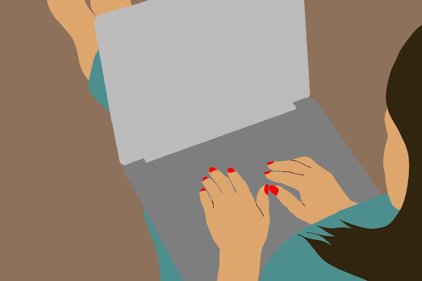attività commerciale donna o ufficio lavoratore Lavorando su computer , indietro posteriore Visualizza, piatto vettore illustrazione. vettore illustrazione