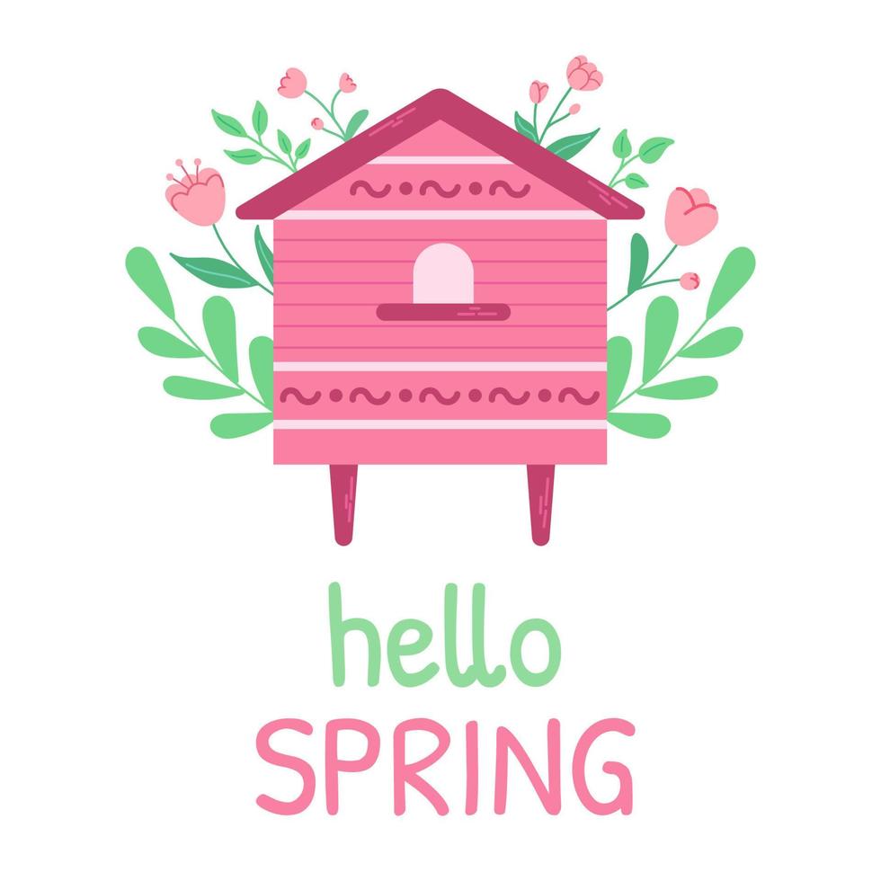 primavera saluto carta. ape alveare con fiori e le foglie. semplice mano disegnato primavera illustrazione. vettore