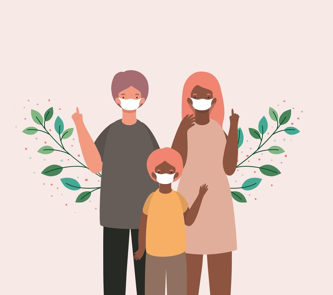 madre, padre e figlio con maschere e foglie disegno vettoriale