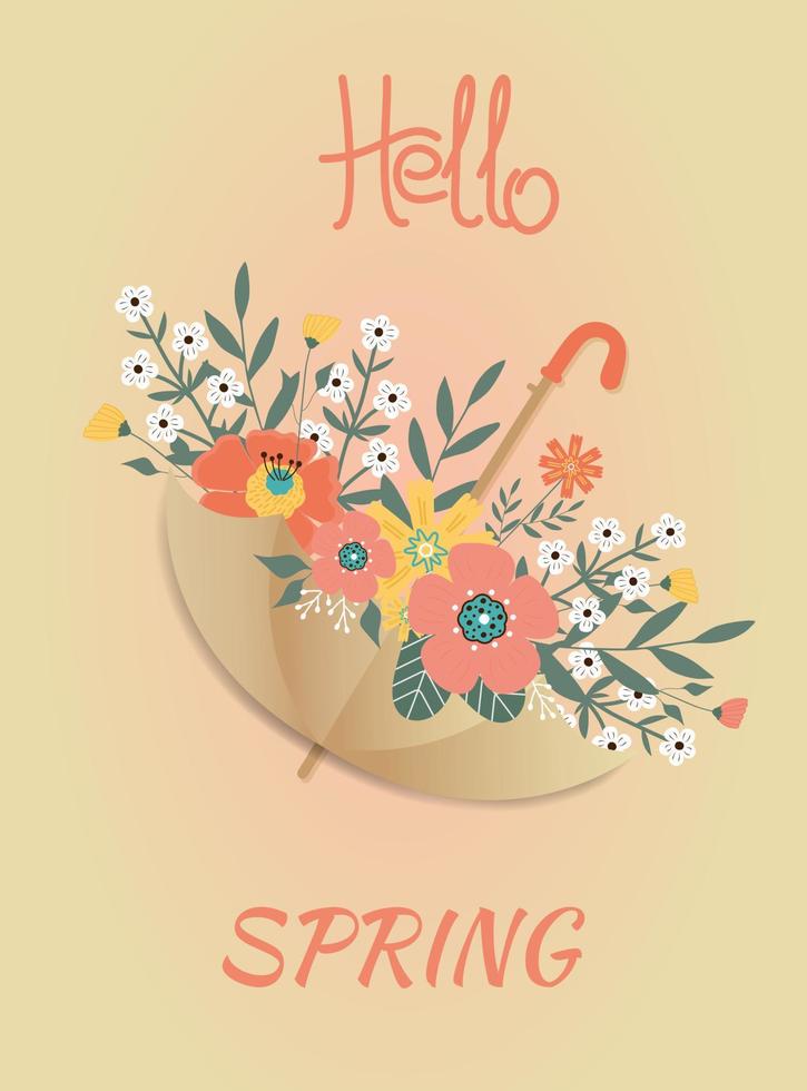 Ciao primavera. primavera fiori, le foglie nel ombrello su beige sfondo. vettore
