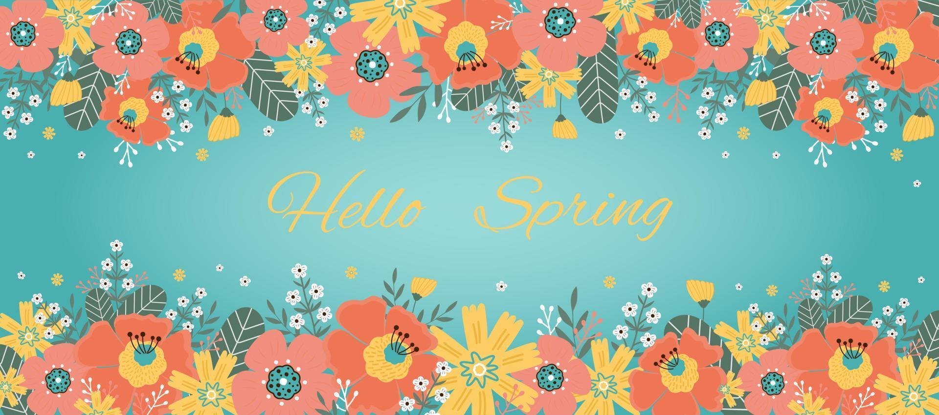 Ciao primavera. saluto carta con primavera fiori, le foglie. vettore