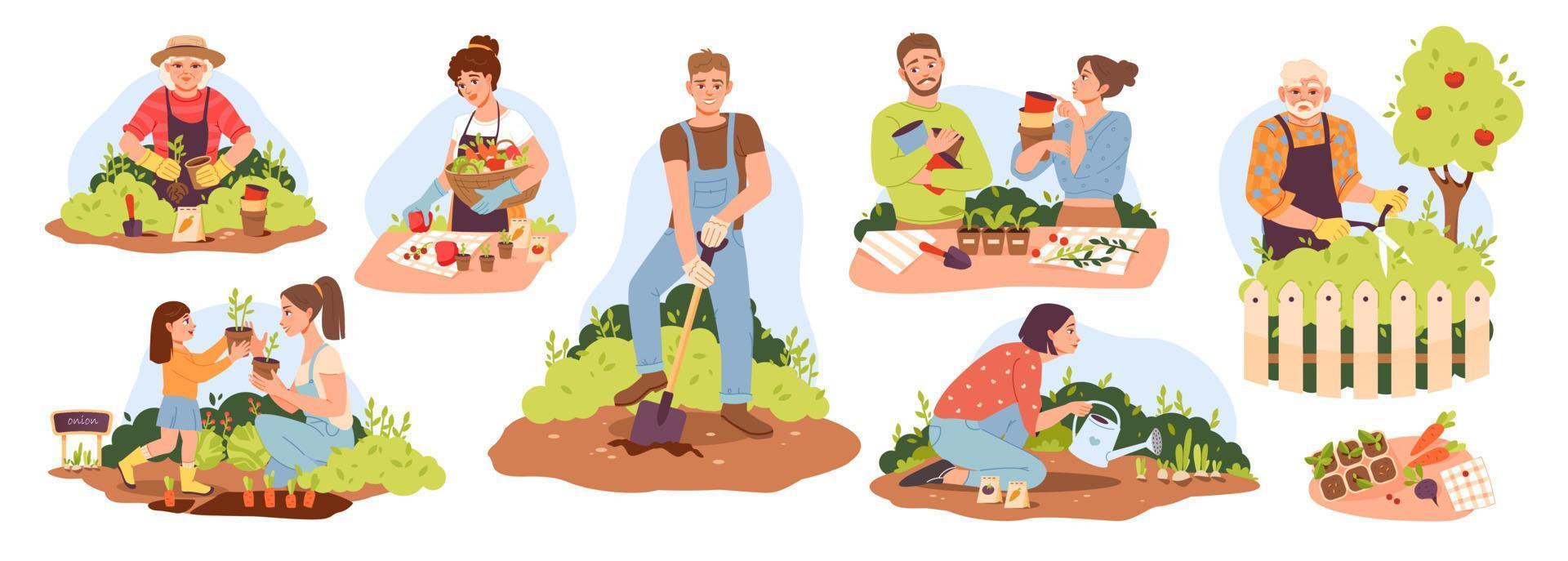 biologico giardinaggio. persone di diverso età opera nel il giardino, pianta e acqua il impianti. eco concetto. vettore illustrazione.