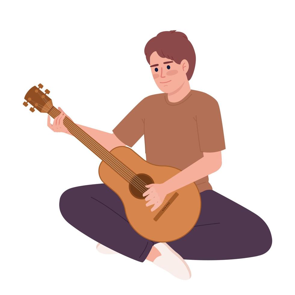 giovane uomo seduta e giocando chitarra semi piatto colore vettore carattere. modificabile figura. pieno corpo persona su bianca. semplice cartone animato stile individuare illustrazione per ragnatela grafico design e animazione