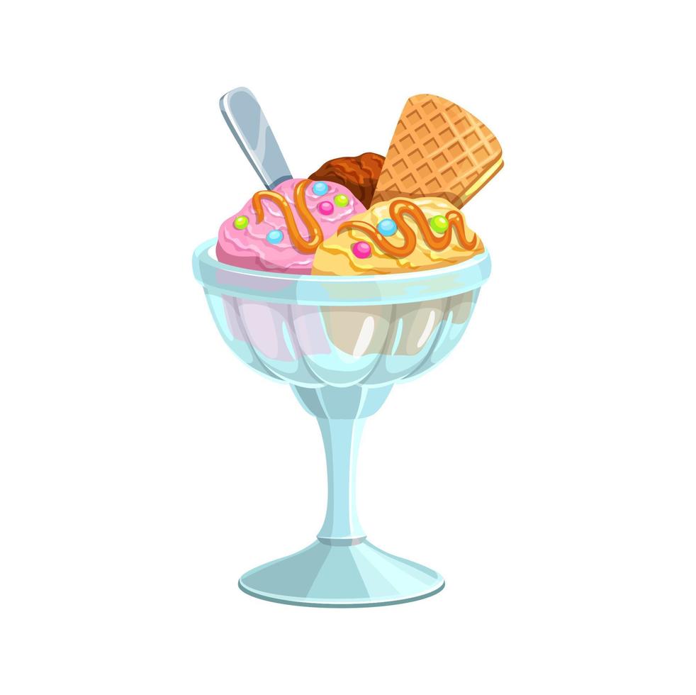 cartone animato ghiaccio crema coppa di gelato guarnita dolce cibo nel bicchiere tazza vettore