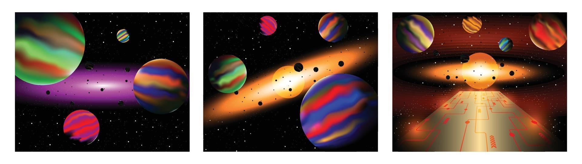 set di tre illustrazione vettoriale dello spazio cosmico