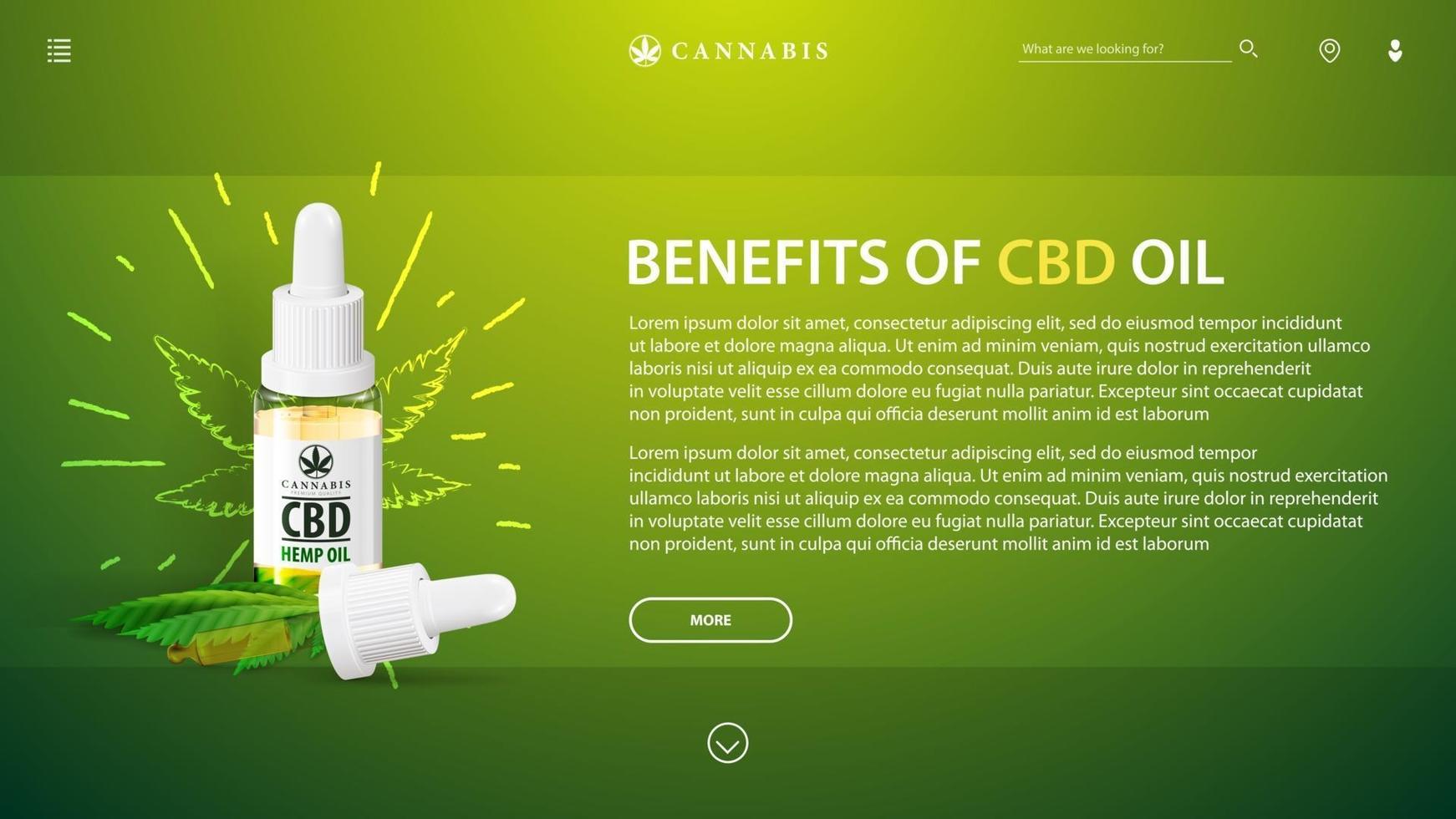 modello verde con bottiglia di vetro trasparente di olio di CBD medico e foglia di canapa. modello web con copia spazio e benefici per la salute del CBD da cannabis, canapa, marijuana vettore