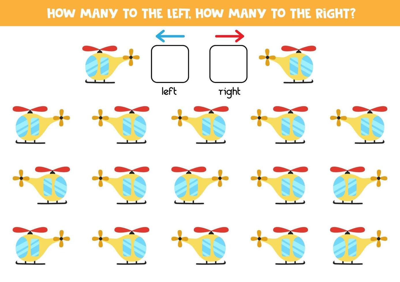 a sinistra oa destra con l'elicottero. foglio di lavoro logico per bambini in età prescolare. vettore