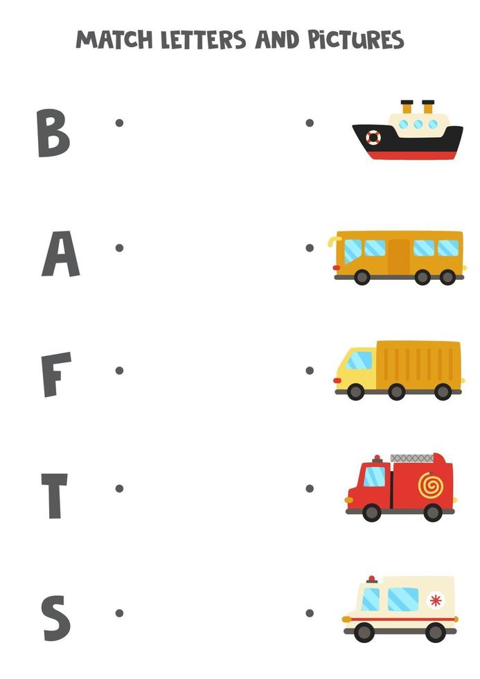 abbinare i mezzi di trasporto con le lettere dell'alfabeto. gioco educativo. vettore