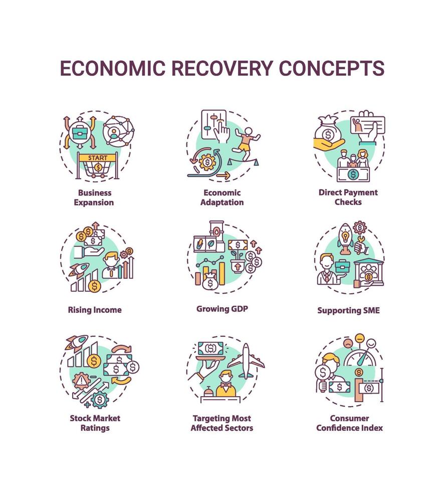 set di icone di concetto di ripresa economica vettore