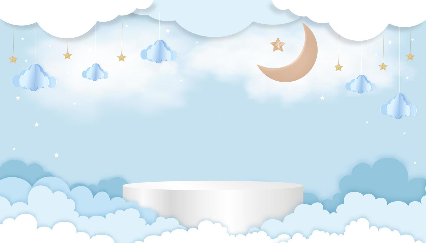 bambino ragazzo doccia sardo su blu sfondo, vettore carino carta arte astratto origami nuvole, mezzaluna Luna e stella su blu cielo e 3d podio, fondale sfondo carta tagliare con copia spazio per del bambino foto