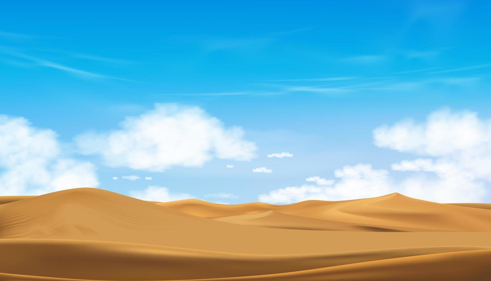 blu cielo con soffice nube e deserto paesaggio con sabbia dune nel caldo soleggiato giorno estate, vettore panorama bellissimo natura con Marrone sabbia nel mattina primavera, concetto per viaggio o primavera estate promozione