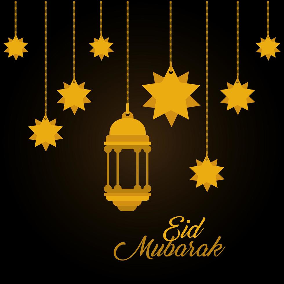 eid mubarak oro appendiabiti lanterna e stelle disegno vettoriale