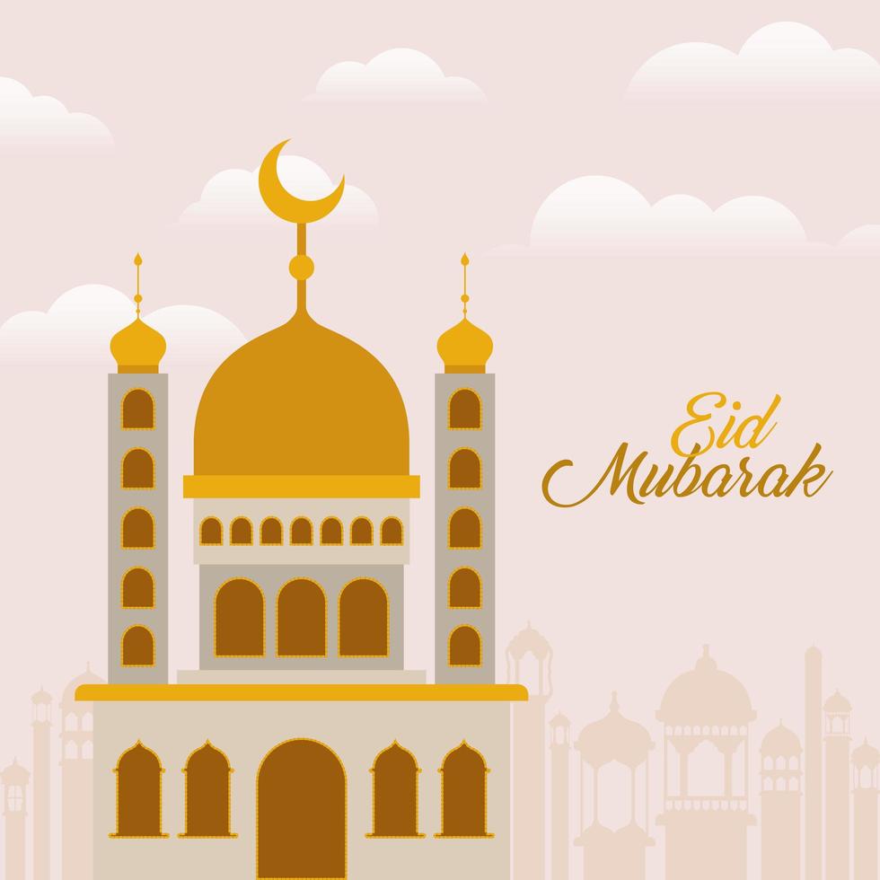 tempio di eid mubarak con disegno vettoriale di luna e città edifici