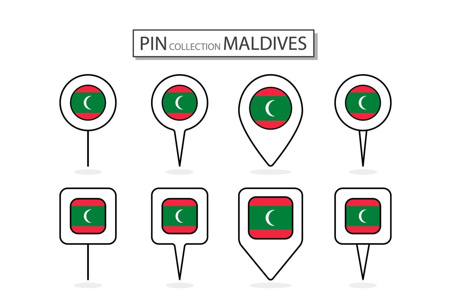impostato di piatto perno Maldive bandiera icona nel diverso forme piatto perno icona illustrazione design. vettore