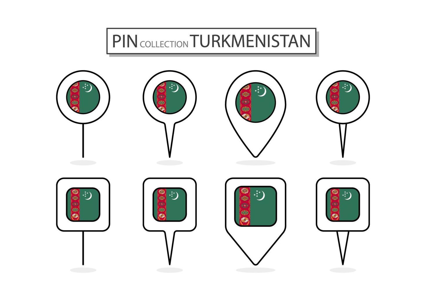 impostato di piatto perno turkmenistan bandiera icona nel diverso forme piatto perno icona illustrazione design. vettore