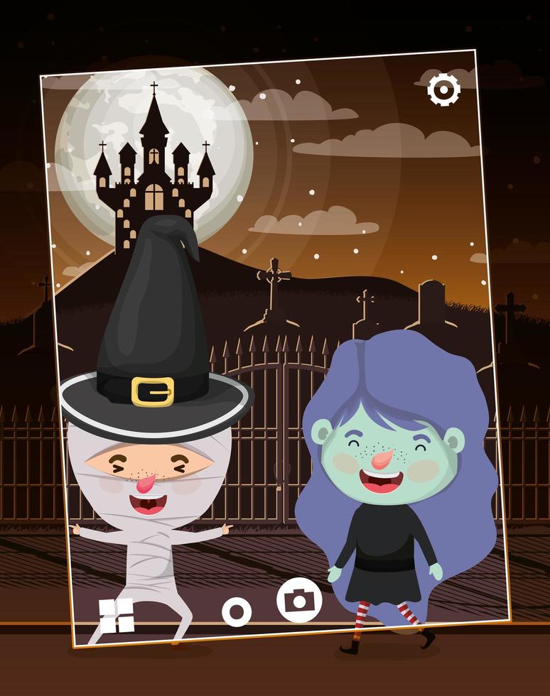 scena della stagione di Halloween con i bambini al cimitero vettore