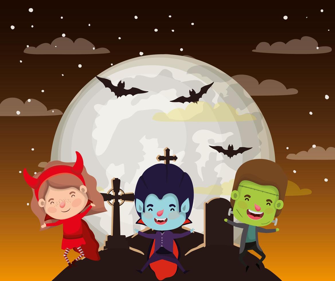 scena della stagione di Halloween con bambini in costume nella notte oscura vettore