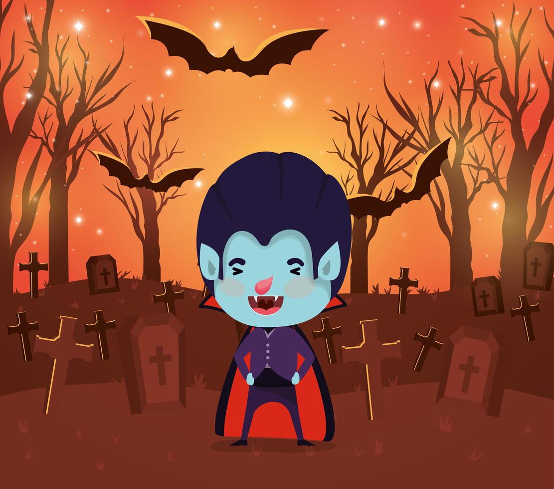 scena della stagione di Halloween con bambino in costume da vampiro vettore