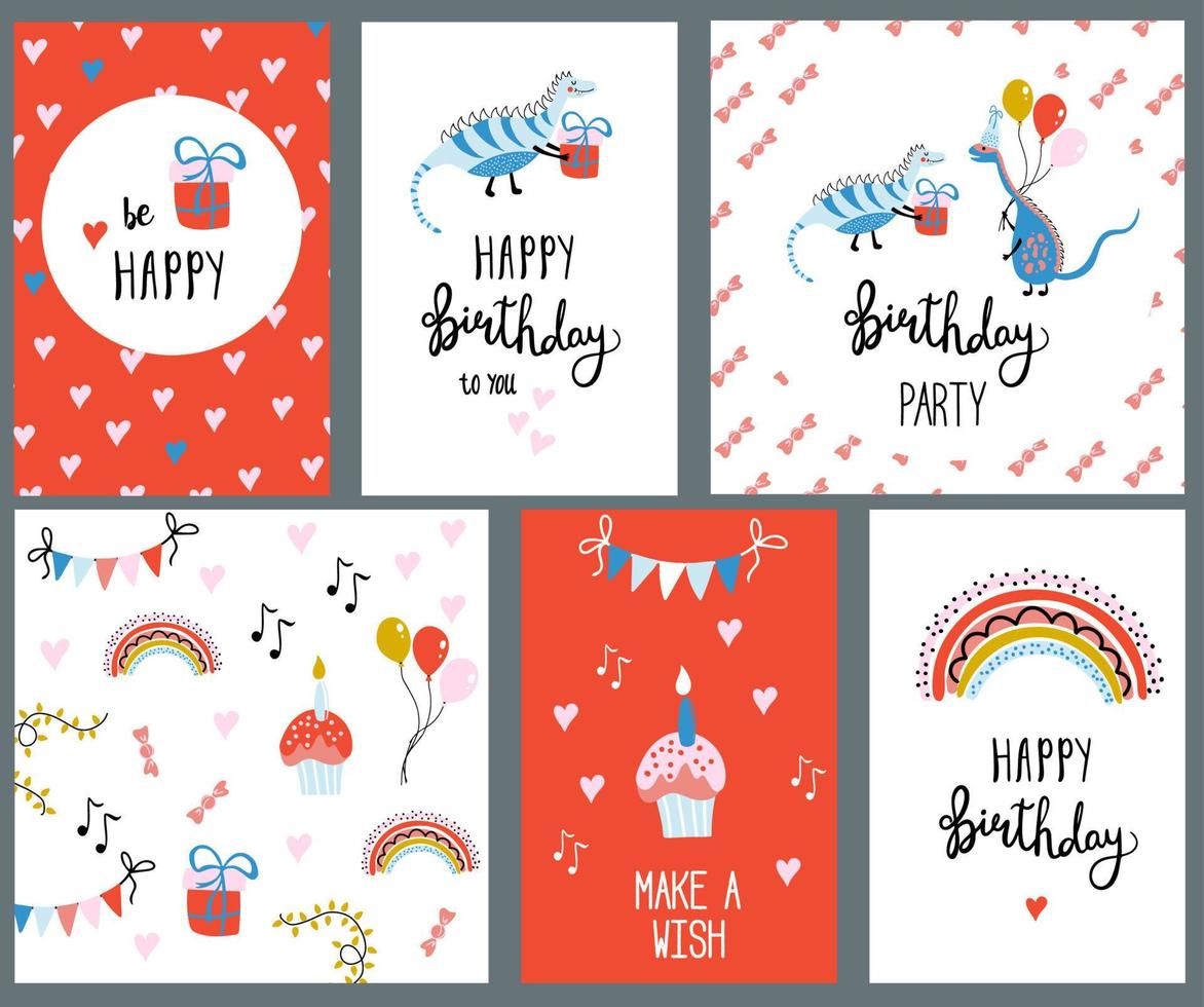 impostato di compleanno carte, cartoline o festa inviti decorato con manoscritto auguri e festivo elementi - divertente personaggi, regalo, palloncini, arcobaleno, torta. mano disegnato vettore illustrazioni.